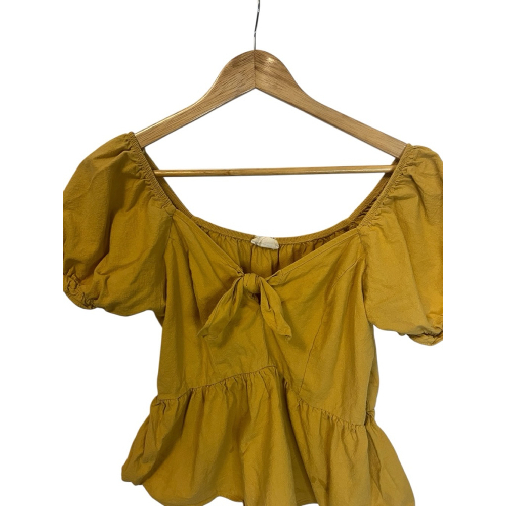 Sienna Sky Mustard Peplum Puff Sleeve Tie Front Cottagecore Top Medium - Picture 3 of 11